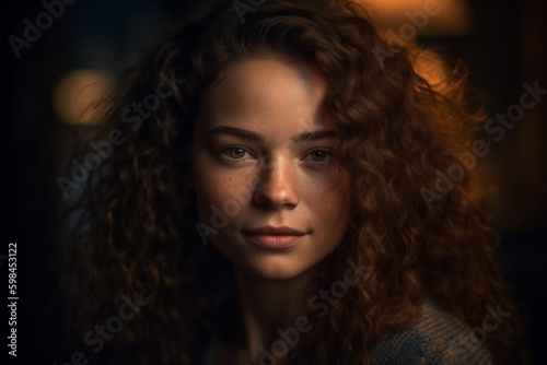A young woman with a natural, effortless beauty. Her hair is tousled and carefree, and her skin is unadorned, yet still radiates a captivating glow. Generative AI
