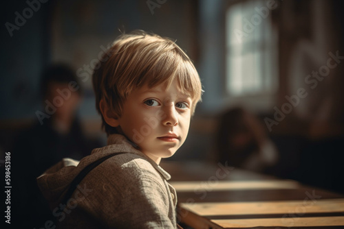 young boy child kid alone, sad or thoughtful face expression. Generative AI
