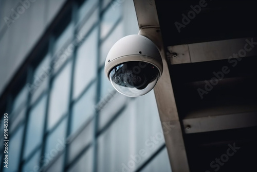 security camera on a building for video surveillance. Generative AI © wetzkaz
