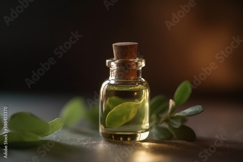 Herb essential oil aroma bottle and leaf, natural. Generative AI