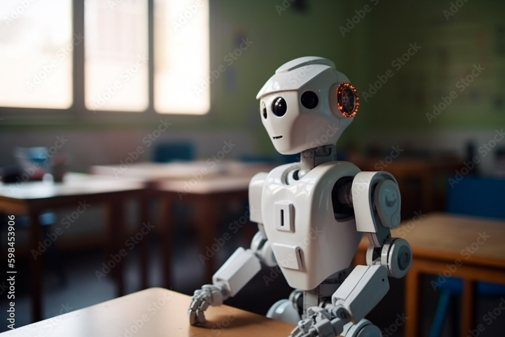 a robot is teacher or student, humanoid android with artificial intelligence. Generative AI