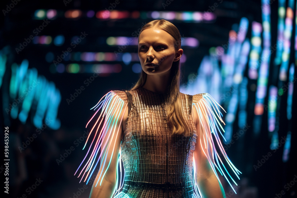model walks down the runway wearing futuristic fringe dress and neon lights,  futuristic chromatic waves, strong contrast, layered mesh, iridescent rainbow core, kinetic curves. Generative AI
