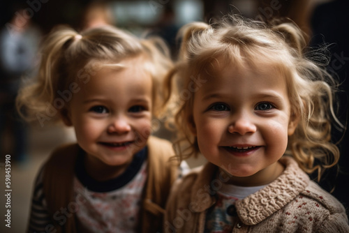 two toddlers, children in kindergarten, portrait. Generative AI