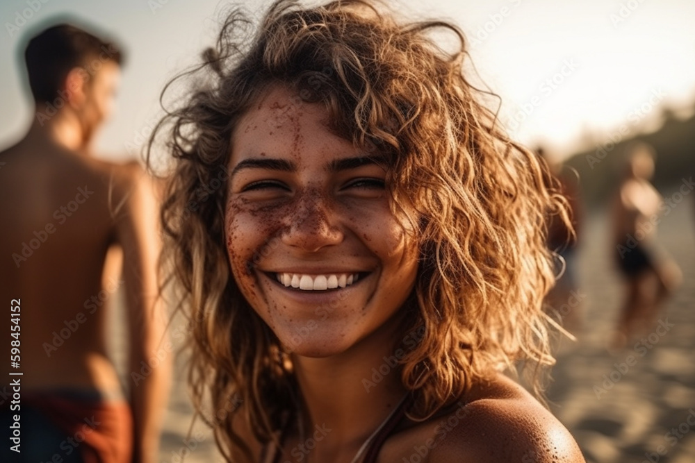 smile young adult woman on the beach with friends and other tourists, tanned skin, sandy beach summer vacation. Generative AI smile young adult woman on the beach with friends and other tourists, tanned skin, sandy beach summer vacation. Generative AI