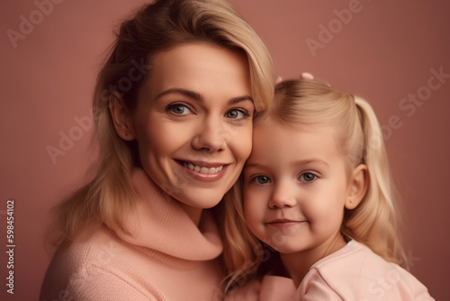 young adult woman is mother, little child girl, cute and sweet family, portrait closeup. Generative AI