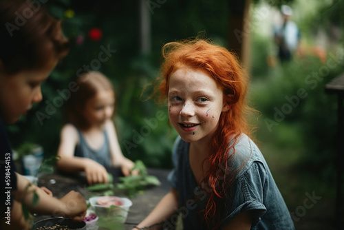 young child kid girl or teenager outdoors with friends or family in garden, joy and fun. Generative AI
