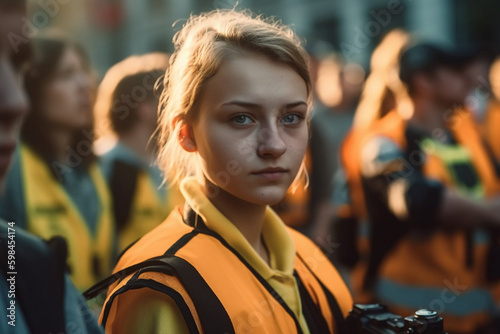 demonstrators with safety vests, young adult woman or teenager protesting on a wide street in a city. Generative AI