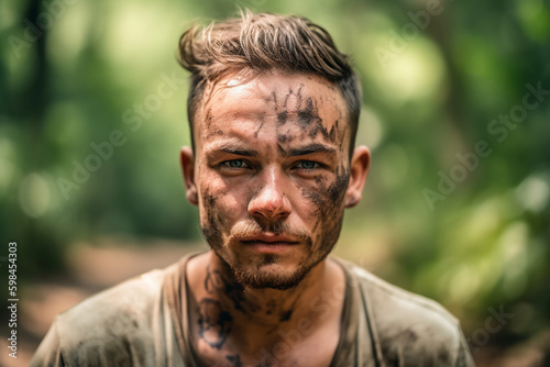 adult young man jungle adventure survivor with dirty face and dirty white t shirt slightly torn and green background , summer day. Generative AI