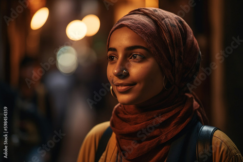 young adult woman female with head scarf in a old town, smiling happy leisure time in a side street, locals, fictional place. Generative AI