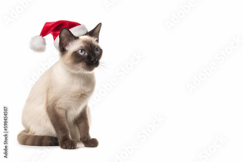 Cat in red Santa Claus hats isolated on a white background. Ragdoll breed cat in santa claus hat. Banner with copy cpace Generative AI © esvetleishaya