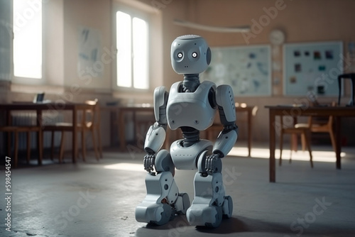 a robot is teacher or student, humanoid android with artificial intelligence. Generative AI