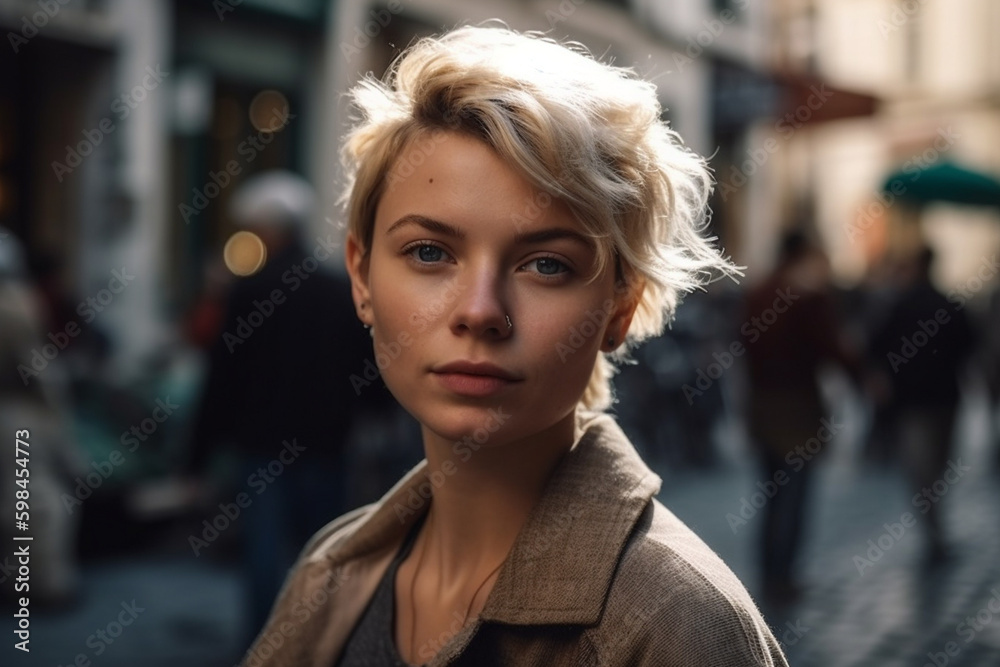 Fototapeta premium young adult woman walks down the street in a city, light jacket, walking alone, city life. Generative AI