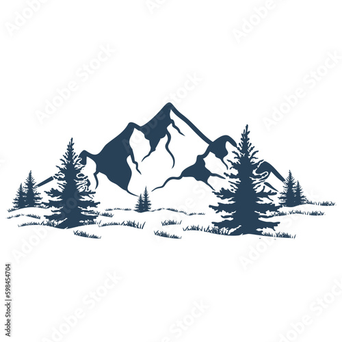 hand drawn mountain design. illustration of mountains and pine trees.