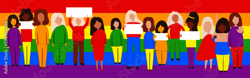 Gay parade.  Pride. Interracial group of gay, lesbian, transgender activists participating in lgbtq pride. Vector flat modern style illustration icon design.