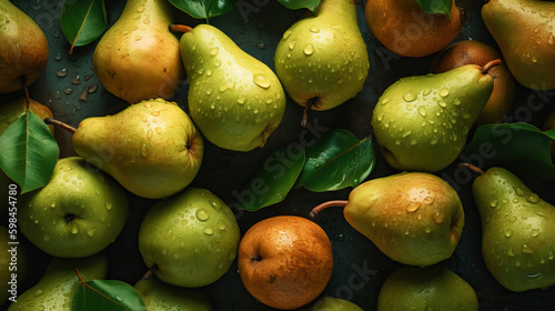 Fresh ripe pears with water drops background. Fruits backdrop. Generative AI