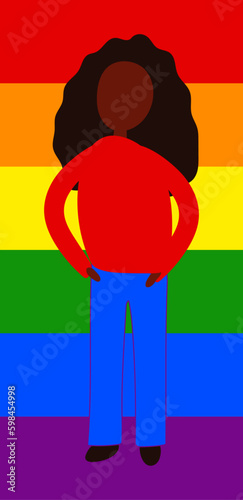 Woman on the background of the rainbow LGBT flag in casual clothes. The concept of protest, demonstration, fight for rights. Multicolored bright illustration. 