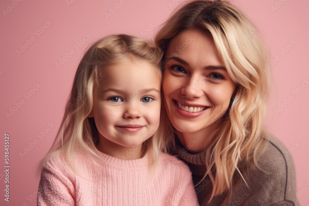 young adult woman is mother, little child girl, cute and sweet family, portrait closeup. Generative AI