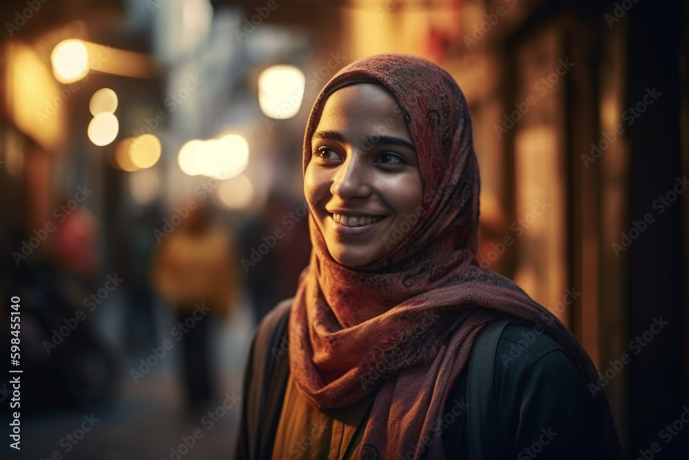 young adult woman female with head scarf in a old town, smiling happy leisure time in a side street, locals, fictional place. Generative AI young adult woman female with head scarf in a old town, smiling happy leisure time in a side street, locals, fictional place. Generative AI