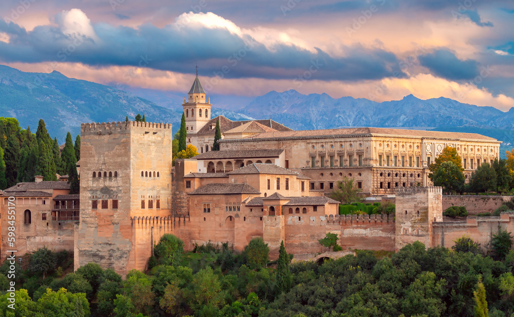 Granada. Fortress wall with towers in the ancient palace complex of the Alhambra.