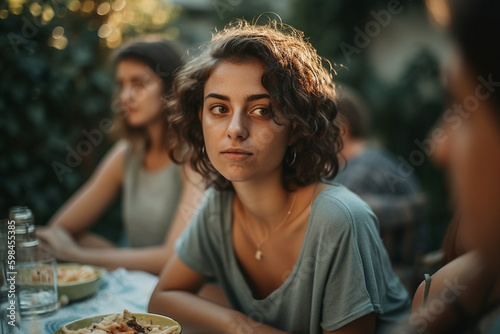 young adult woman or teenager outdoors in garden with friends or family, critical or jealous expression on face. Generative AI