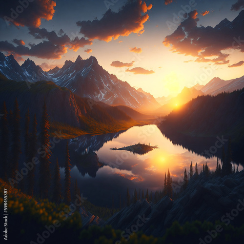 Beautiful Sunset View From Mountains With Lake and Forets Created Using AI Technology © Cosethedoor