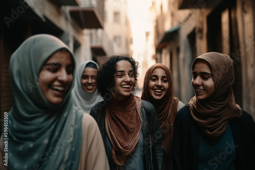 teens or young adult women arab female group with head scarf in a old town, smiling happy leisure time in a side street, locals, fictional place. Generative AI