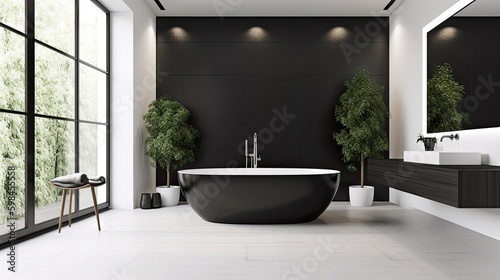 Black and white minimalist bathroom with a freestanding tub  generative ai