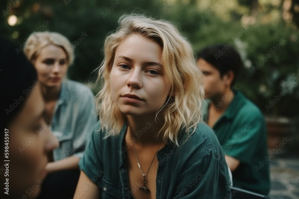young adult woman or teenager outdoors in garden with friends or family, critical or jealous expression on face. Generative AI young adult woman or teenager outdoors in garden with friends or family, critical or jealous expression on face. Generative AI