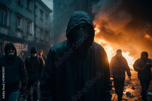 fictional looting or demonstration, robbery or theft, masked men on a street in a city commit violence with fire or a explosion and mass of people. Generative AI