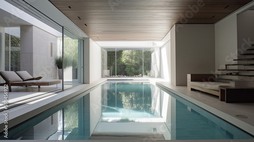 Minimalist indoor pool with a simple design and clean surroundings, generative ai