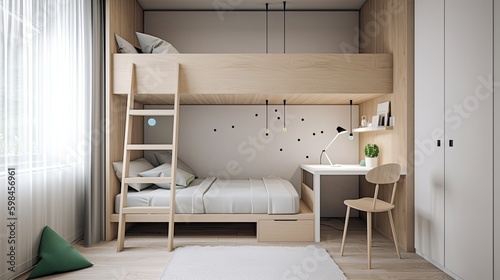 Minimalist kid's bedroom with a simple bunk bed and playful accents, generative ai