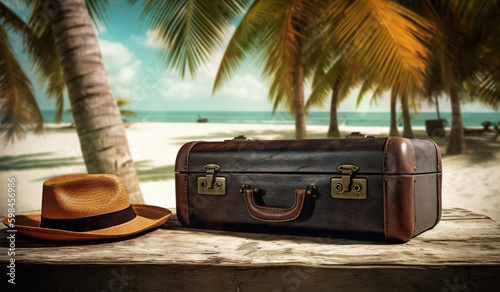 Suitcase  hat and accessories on the wooden floor with a sea background. Travel concept. Generative AI