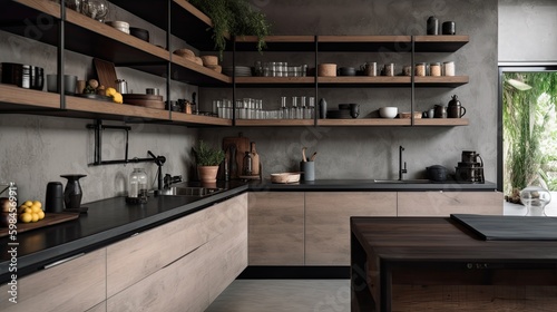 Minimalist kitchen with open shelving and concrete countertops, generative ai