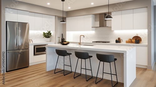 Minimalist kitchen with white cabinetry and stainless steel appliances  generative ai