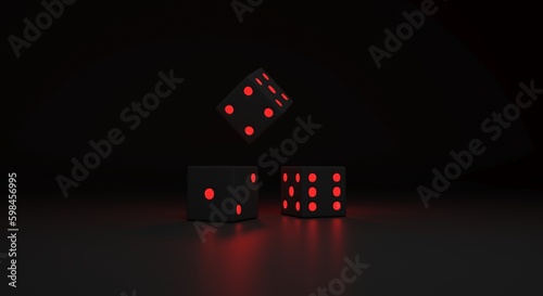 casino dice, dice being thrown on a dark background with illuminated neow numbers, casino flyer,
game banner, online game (3d illustration) photo