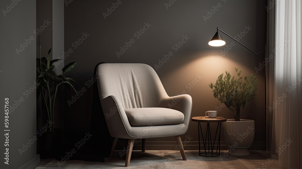 Minimalist reading corner with a cozy armchair and simple lighting, generative ai Minimalist reading corner with a cozy armchair and simple lighting, generative ai