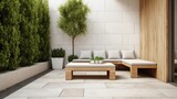 Minimalist patio with simple furniture and greenery, generative ai