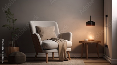 Minimalist reading corner with a cozy armchair and simple lighting, generative ai