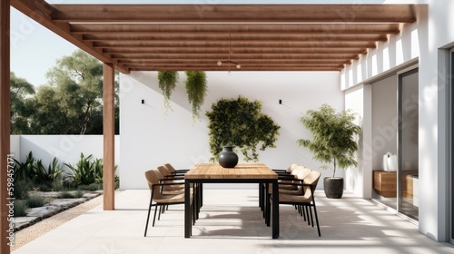 Fotografia Minimalist outdoor dining area with a simple pergola and modern furniture, gener