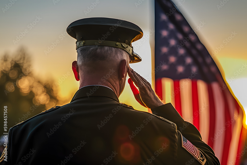 View of a veteran saluting the flag of the United States. Neural network AI generated art - obrazy, fototapety, plakaty 