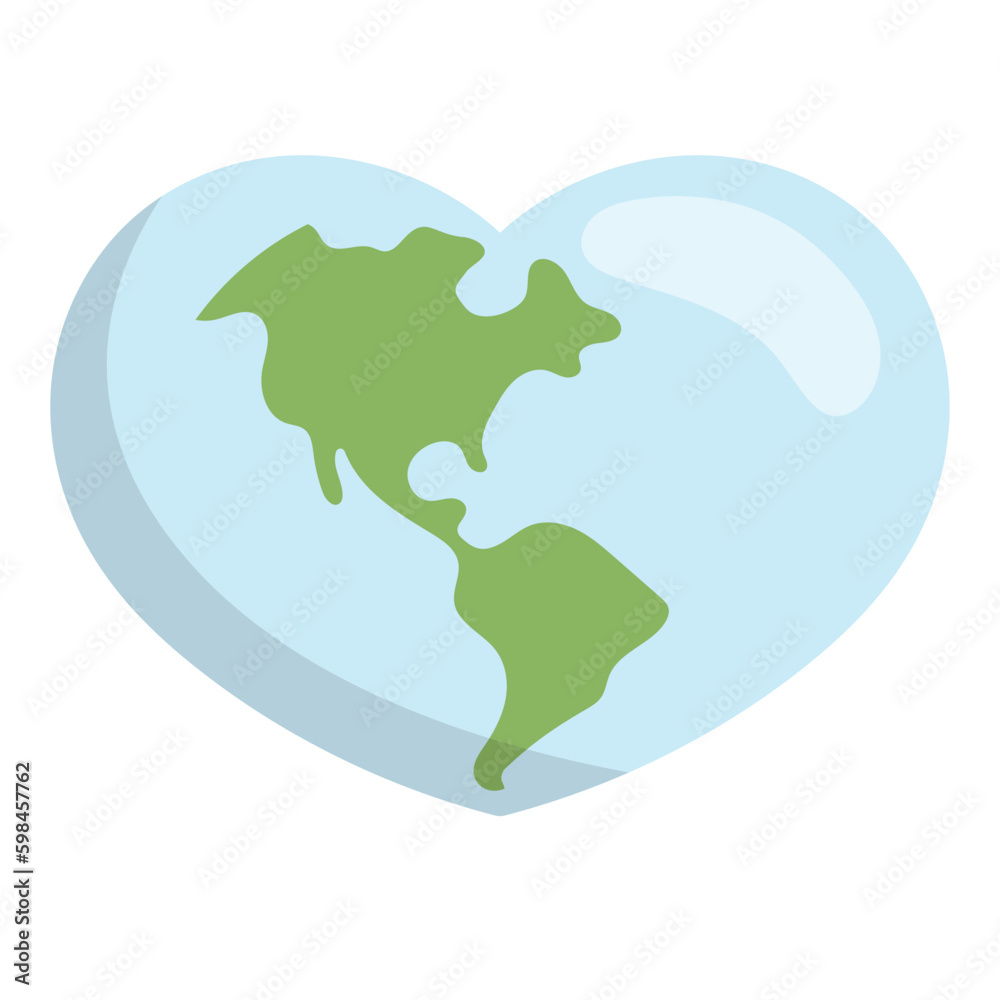 Heart shaped planet earth icon. Save the world. Eco friendly environmental message. Love. Map centered in America.