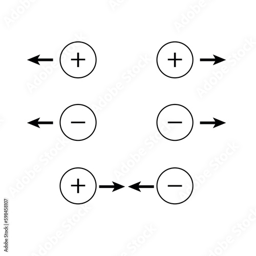 Coulomb’s law for electrostatic force between two point charges and Newton’s law for gravitational force between two stationary point masses. Scientific vector illustration on white background.