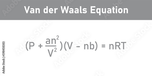 Van der waals equation in chemistry. Pressure, volume, temperature, gas constant and specific constants for each gas. Vector illustration isolated on white background.
