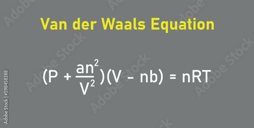Van der waals equation in chemistry. Pressure, volume, temperature, gas constant and specific constants for each gas. Vector illustration isolated on grey background.