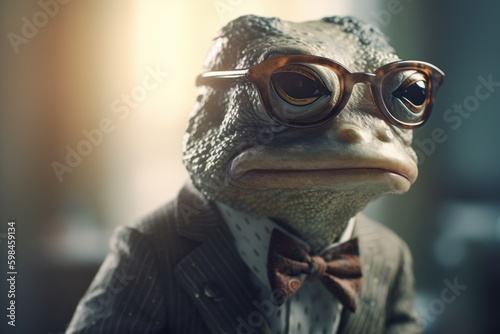 Anthropomorphic frog dressed in a suit like a businessman. Business Concept. AI generated, human enhanced © top images