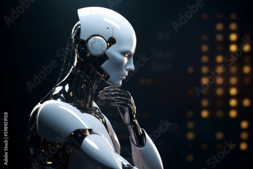 The cutting-edge white robot is deliberating on the best course of action. AI generated  human enhanced