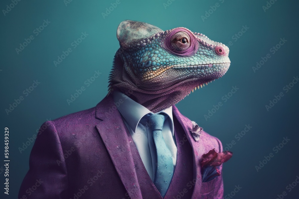 Anthropomorphic chameleon dressed in a suit like a businessman. business concept. AI generated, human enhanced Anthropomorphic chameleon dressed in a suit like a businessman. business concept. AI generated, human enhanced