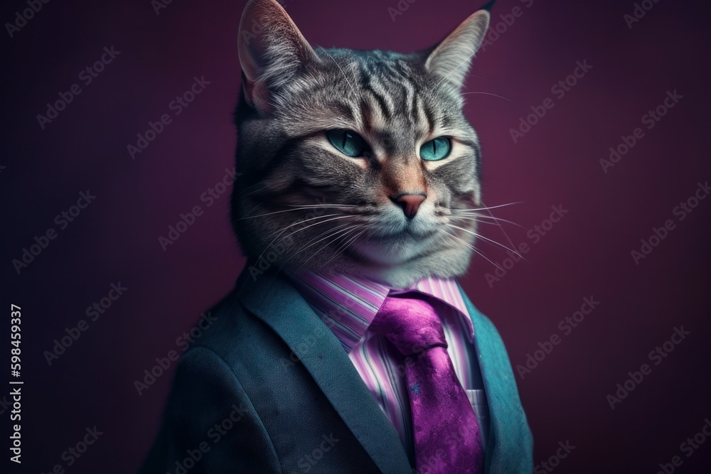 Anthropomorphic cat dressed in a suit like a businessman. business concept. AI generated, human enhanced - obrazy, fototapety, plakaty 