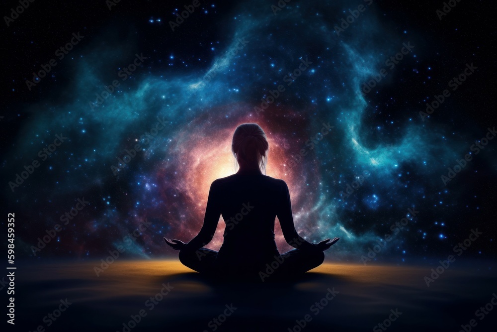 Silhouette of women in Lotus position on the abstract positive energy background . AI generated, human enhanced. Silhouette of women in Lotus position on the abstract positive energy background . AI generated, human enhanced.