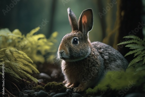 Cute rabbit in nature in natural habitat. AI generated  human enhanced